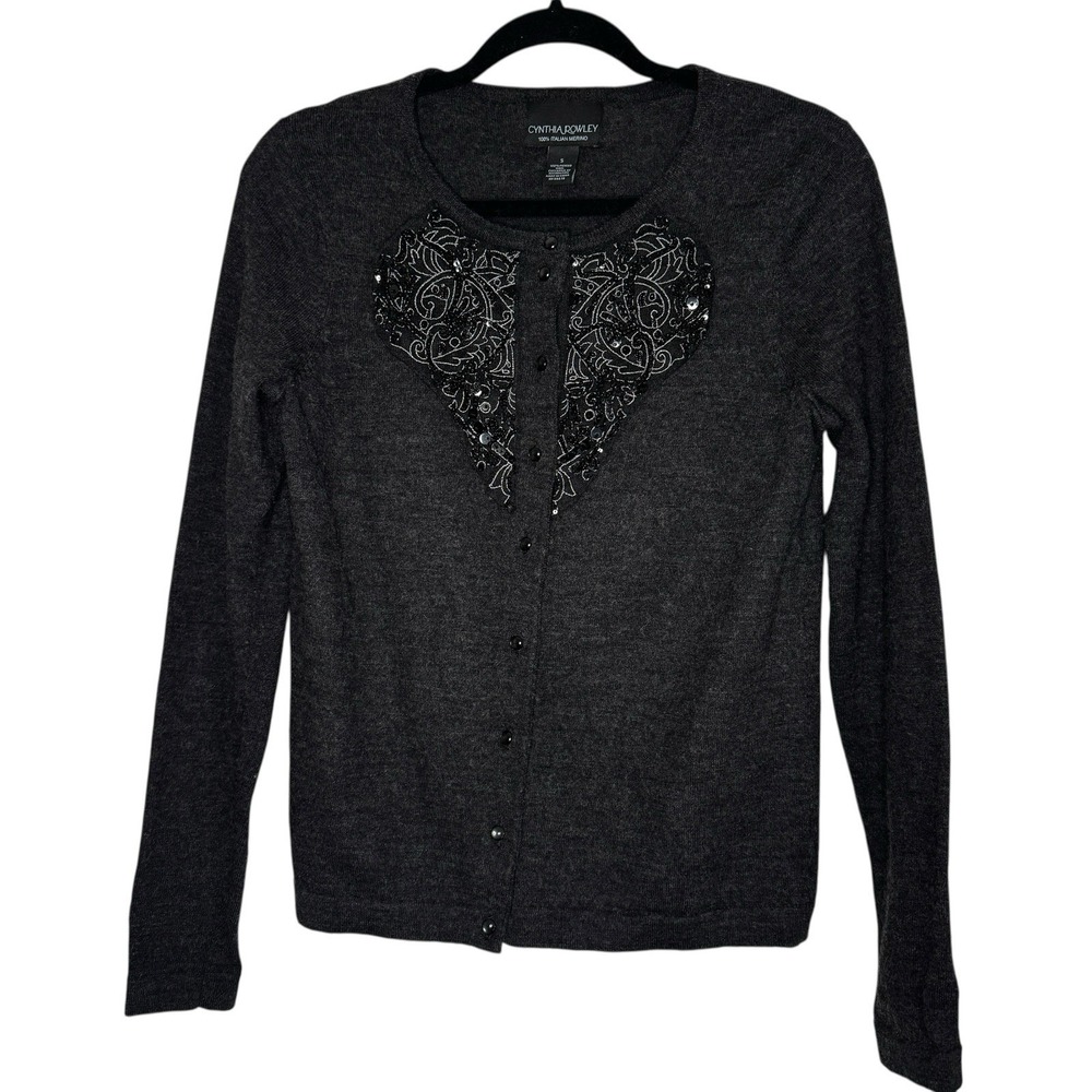 Cynthia Rowley Women's 100% Italian Merino Gray Beaded Button Up Cardigan Size S